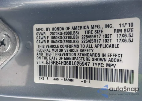 2011 Honda Cr-V Lx from USA, damaged, VIN 5J6RE4H36BL025947